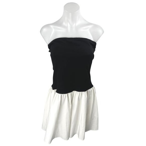 NEW Commense Black White Bandeau Tube Sleeveless Pleated A Line Mini Dress L - Picture 1 of 4